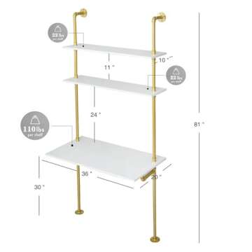 MAIKAILUN White and Gold Desk, 36" Ladder Desk, Wall Mount Computer Writing Table Pipe Shelf Shelvin...