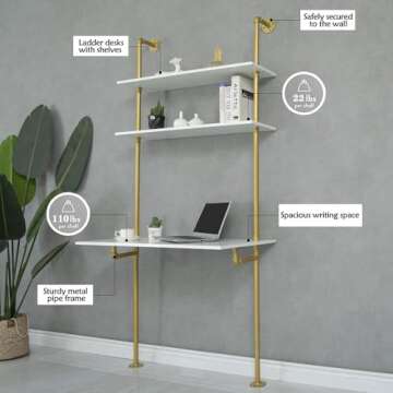 MAIKAILUN White and Gold Desk, 36" Ladder Desk, Wall Mount Computer Writing Table Pipe Shelf Shelving Mini Narrow Industrial Modern for Small Spaces(36x20x81)