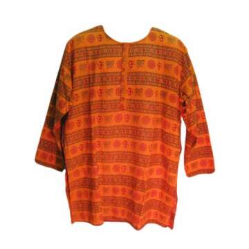 Mens Indian Bohemian Block Print Ethnic Orange & Red Om Kurta with Sanskrit (XL)