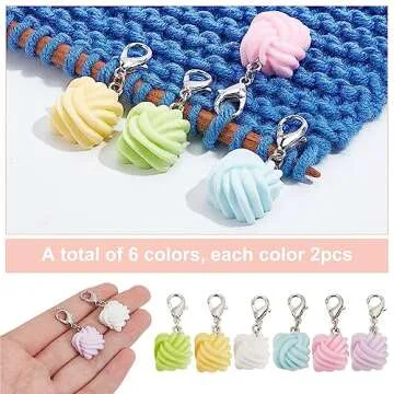 PLIGREAT 12 Pcs Rainbow Yarn Stitch Markers with Lobster Claw Clasp Cute Mini Yarn Charms Crocheting Knitting Supplies Locking Markers for Weaving Sewing Quilting DIY Jewelry Making