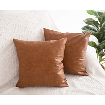 HOMFINER Faux Leather Throw Pillow Covers, 18 x 18 inch Set of 2 Thick Cognac Brown Modern Solid Decorative Square Bedroom Living Room Cushion Cases for Couch Bed Sofa