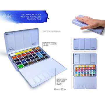 White Nights Extra Fine Artist Grade Watercolor Set of 35 Colors full 2,5ml pans in a Metal case by Nevskaya Palitra