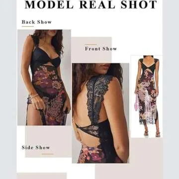 VAKUU Women Lace Patchwork Floral Maxi Dress,High Split Bodycon Long Dress Backless Spaghetti Strap Cutout Party Dress (E,Large)