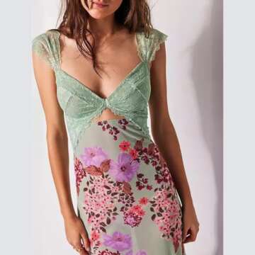 VAKUU Women Lace Patchwork Floral Maxi Dress,High Split Bodycon Long Dress Backless Spaghetti Strap Cutout Party Dress (E,Large)