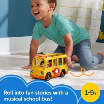 Fisher-Price Little People Toddler Toy School Bus Musical Push-Along Vehicle with 2 Figures for Pret...