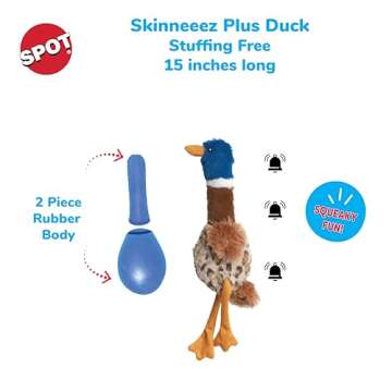 SPOT Skinneeez Plus Duck - Stuffing Free Dog Toy with Two Piece Rubber Body and Two Squeakers, Fun to Bite, Stuffingless Design is Great for Moderate Chewers, Tug Toy for Puppies & Dogs - 15in