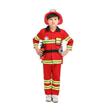 yolsun Fireman Costume for Kids, Boys' and Girls' Firefighter Dress up, Fire Fighter with Toy Accessories Set Halloween Role Play(Red,4-5 Years)