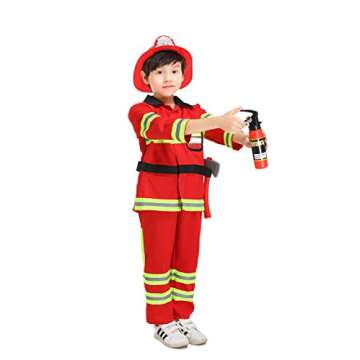 yolsun Fireman Costume for Kids, Boys' and Girls' Firefighter Dress up, Fire Fighter with Toy Accessories Set Halloween Role Play(Red,4-5 Years)