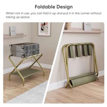 Smuxee Gold Luggage Rack Pack of 2, Foldable Suitcase Stand with Fabric Storage Shelf, Luggage Holder with 4 Nylon Straps for Hotel Guest Room Bedroom