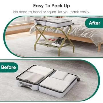 Smuxee Gold Luggage Rack Pack of 2, Foldable Suitcase Stand with Fabric Storage Shelf, Luggage Holder with 4 Nylon Straps for Hotel Guest Room Bedroom