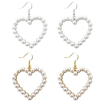 Honbay 2 Pairs Pearl Heart Dangle Earrings Love Heart Earrings Vintage Pearl Hoop Studs Circle Beade...