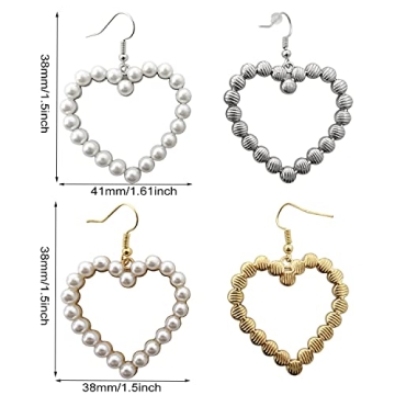 Honbay 2 Pairs Pearl Heart Dangle Earrings Love Heart Earrings Vintage Pearl Hoop Studs Circle Beaded Earrings for Holiday Valentine Wedding or Daily Wear (2 Color)