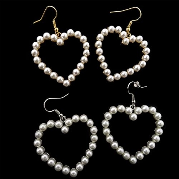 Honbay 2 Pairs Pearl Heart Dangle Earrings Love Heart Earrings Vintage Pearl Hoop Studs Circle Beaded Earrings for Holiday Valentine Wedding or Daily Wear (2 Color)
