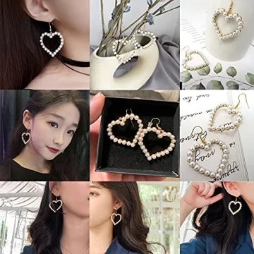 Honbay 2 Pairs Pearl Heart Dangle Earrings Love Heart Earrings Vintage Pearl Hoop Studs Circle Beaded Earrings for Holiday Valentine Wedding or Daily Wear (2 Color)