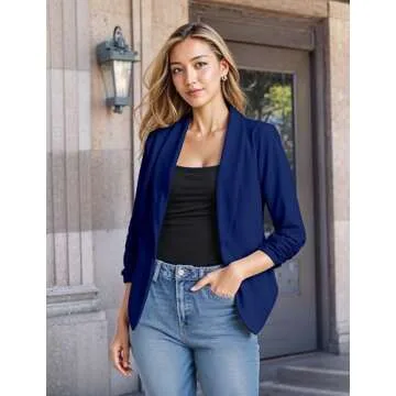 Hybrid & Company Lightweight Open Front Cardigan Classic Ruched Sleeve Work Office Blazer Suit Jackets JK1133 Royal Medium