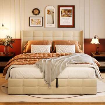 Gizoon Full Lift Up Storage Bed with Storage, Upholstered Platform Bed Frame with Modern Wingback Headboard, Woodern Slats Support,Hydraulic Storage,No Box Spring Needed, Beige