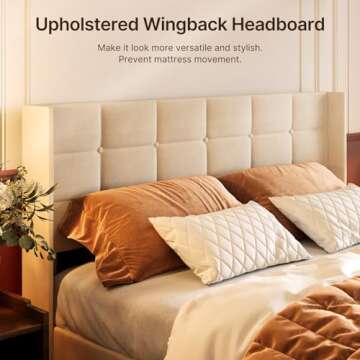 Gizoon Full Lift Up Storage Bed with Storage, Upholstered Platform Bed Frame with Modern Wingback Headboard, Woodern Slats Support,Hydraulic Storage,No Box Spring Needed, Beige