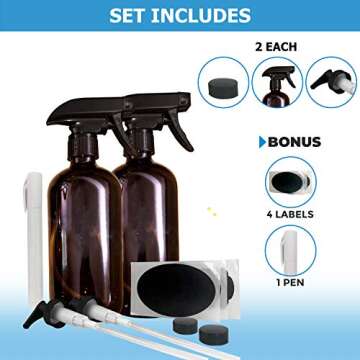 Large Empty Refillable Amber Glass Safe for Essential Oils Spray Bottles | 2 Pack, Includes bonus pens, pumps, and labels | Great for All natural Cleaners, Lotion, Hair, Home, Skin, Baby and More