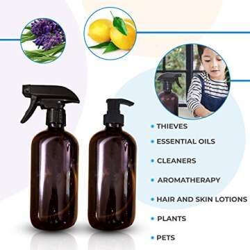 Large Empty Refillable Amber Glass Safe for Essential Oils Spray Bottles | 2 Pack, Includes bonus pens, pumps, and labels | Great for All natural Cleaners, Lotion, Hair, Home, Skin, Baby and More