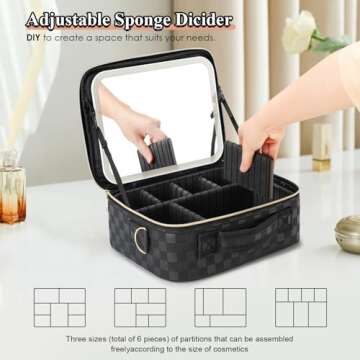 Travel Makeup Bag with LED Mirror Make up Case with Lighted Mirror 3 Color Setting Cosmetic Makeup Box Organizer Vanity Case for Women Beauty Tools Accessories Case Rechargeable (Black, Middle)