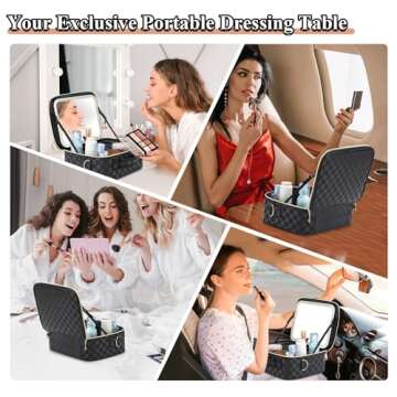 Travel Makeup Bag with LED Mirror Make up Case with Lighted Mirror 3 Color Setting Cosmetic Makeup Box Organizer Vanity Case for Women Beauty Tools Accessories Case Rechargeable (Black, Middle)