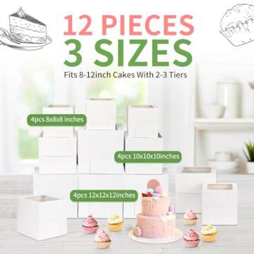 Moretoes 12 Pcs Cake Box, Tall Cake Boxes with Window in 3 Sizes 12x12x12 10x10x10 8x8x8 Inches, Bak...