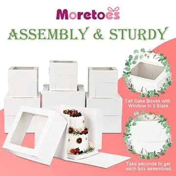 Moretoes 12 Pcs Cake Box, Tall Cake Boxes with Window in 3 Sizes 12x12x12 10x10x10 8x8x8 Inches, Bakery Boxes Disposable Carrier Take Out Container, 2 or 3 Tier for Valentine's Day Mother's Day