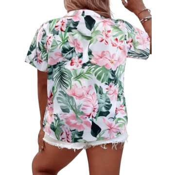 Eytino Womens Plus Size Hawaiian Shirt V Neck Floral Tropical Printed Tops Short Sleeve Open Front B...