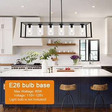 VINLUZ 6-Light Chandeliers Black Finished Farmhouse Dining Room Lighting Fixtures Hanging Industrial Modern Kitchen Island Pendant Lighting with Clear Glass Ceiling Lights for Restaurant Bar Hotel