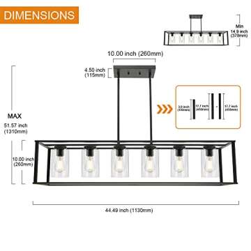 VINLUZ 6-Light Chandeliers Black Finished Farmhouse Dining Room Lighting Fixtures Hanging Industrial Modern Kitchen Island Pendant Lighting with Clear Glass Ceiling Lights for Restaurant Bar Hotel