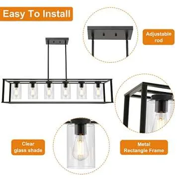 VINLUZ 6-Light Chandeliers Black Finished Farmhouse Dining Room Lighting Fixtures Hanging Industrial Modern Kitchen Island Pendant Lighting with Clear Glass Ceiling Lights for Restaurant Bar Hotel