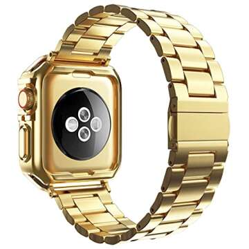 Compatible with Apple Watch Band and Case, Stainless Steel Metal Chain with TPU Cover, Smart-Watch Link Bracelet Strap, Wrist-Band for i-Watch Series 9 8 7 6 5 4 3 2 1 SE, 45mm 44mm 42mm, Gold