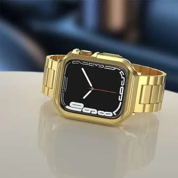 Compatible with Apple Watch Band and Case, Stainless Steel Metal Chain with TPU Cover, Smart-Watch Link Bracelet Strap, Wrist-Band for i-Watch Series 9 8 7 6 5 4 3 2 1 SE, 45mm 44mm 42mm, Gold