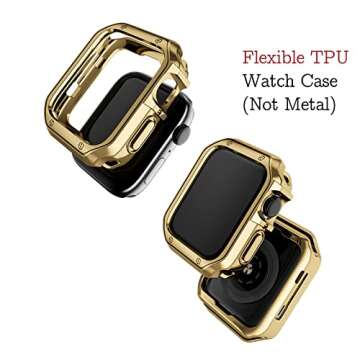 Compatible with Apple Watch Band and Case, Stainless Steel Metal Chain with TPU Cover, Smart-Watch Link Bracelet Strap, Wrist-Band for i-Watch Series 9 8 7 6 5 4 3 2 1 SE, 45mm 44mm 42mm, Gold