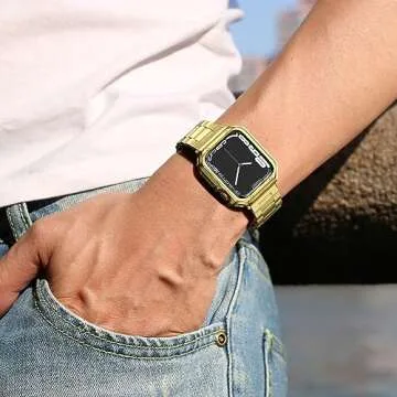 Compatible with Apple Watch Band and Case, Stainless Steel Metal Chain with TPU Cover, Smart-Watch Link Bracelet Strap, Wrist-Band for i-Watch Series 9 8 7 6 5 4 3 2 1 SE, 45mm 44mm 42mm, Gold