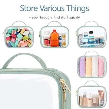 PACKISM TSA Approved Toiletry Bag - Clamshell Closing Clear Makeup Bags with Handle, Laurel Green, Quart-sized Clear Travel Bags for Toiletries, Carry-on Travel Essentials