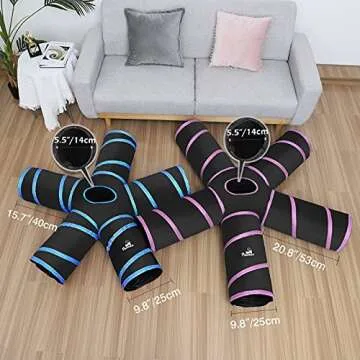 Pawaboo Cat Tunnel Tube 5 Way Tunnels 25x40cm Extensible Collapsible Cat Play Tent Interactive Toy Maze Cat House with Balls and Bells for Cat Kitten Kitty Rabbit Small Animal, Blue