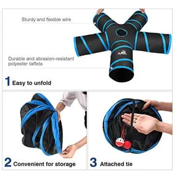 Pawaboo Cat Tunnel Tube 5 Way Tunnels 25x40cm Extensible Collapsible Cat Play Tent Interactive Toy Maze Cat House with Balls and Bells for Cat Kitten Kitty Rabbit Small Animal, Blue