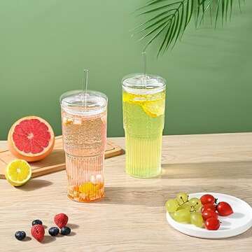 MINGHYZYA Glass Cups With Glass Lids and Straws,20oz Iced Coffee Cup High Borosilicate Glass Tumbler Cup Reusable Wide Mouth Smoothie Cups(Clear,2cups)
