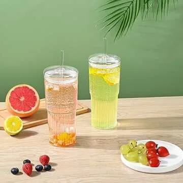 MINGHYZYA Glass Cups With Glass Lids and Straws,20oz Iced Coffee Cup High Borosilicate Glass Tumbler Cup Reusable Wide Mouth Smoothie Cups(Clear,2cups)