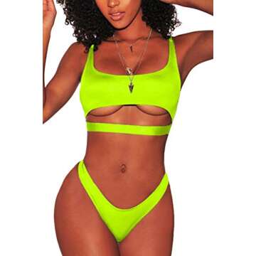 FAFOFA Womens Sexy Bikini Bathing Suit Low Scoop Neck Spaghetti Straps Cut Out Underboob Crop Top High Cut Cheeky Bottom 2PCS Swimsuit Beachwear Lemon Green L