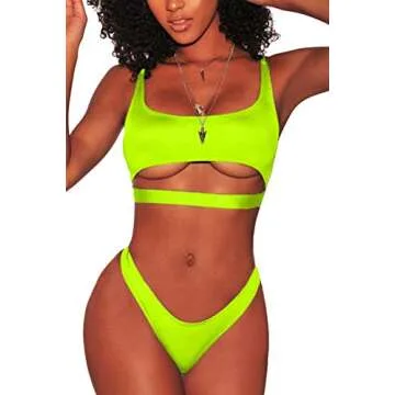 FAFOFA Womens Sexy Bikini Bathing Suit Low Scoop Neck Spaghetti Straps Cut Out Underboob Crop Top High Cut Cheeky Bottom 2PCS Swimsuit Beachwear Lemon Green L