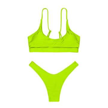 FAFOFA Womens Sexy Bikini Bathing Suit Low Scoop Neck Spaghetti Straps Cut Out Underboob Crop Top High Cut Cheeky Bottom 2PCS Swimsuit Beachwear Lemon Green L
