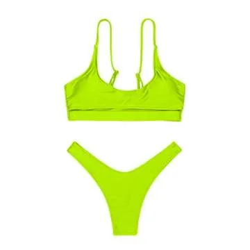 FAFOFA Womens Sexy Bikini Bathing Suit Low Scoop Neck Spaghetti Straps Cut Out Underboob Crop Top High Cut Cheeky Bottom 2PCS Swimsuit Beachwear Lemon Green L