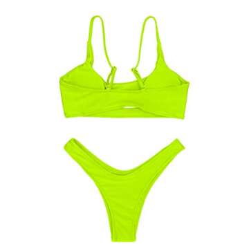 FAFOFA Womens Sexy Bikini Bathing Suit Low Scoop Neck Spaghetti Straps Cut Out Underboob Crop Top High Cut Cheeky Bottom 2PCS Swimsuit Beachwear Lemon Green L