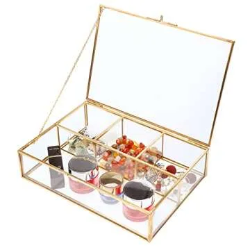 HighFree Gold Glass Tea Bag Organizer, Tea bag Storage Glass Box with Lid, Counter Top Collection Box for Tea Bags, Surgar Bags & Coffee Bags, Clear Keepsake Display Box (4 Compartments)