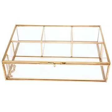 HighFree Gold Glass Tea Bag Organizer, Tea bag Storage Glass Box with Lid, Counter Top Collection Box for Tea Bags, Surgar Bags & Coffee Bags, Clear Keepsake Display Box (4 Compartments)