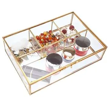 HighFree Gold Glass Tea Bag Organizer, Tea bag Storage Glass Box with Lid, Counter Top Collection Box for Tea Bags, Surgar Bags & Coffee Bags, Clear Keepsake Display Box (4 Compartments)