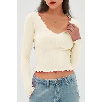 CHYRII Womens Fashion Fall Long Sleeve Tops Ruffled Low Cut Basic Layering Tee Shirts Crop Tops Beige M