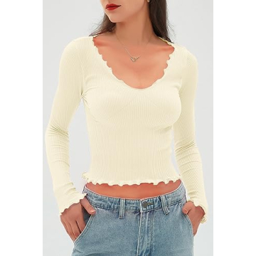 CHYRII Womens Fashion Fall Long Sleeve Tops Ruffled Low Cut Basic Layering Tee Shirts Crop Tops Beige M